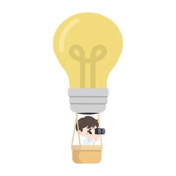 Boy Student With Binoculars In Light Bulb Hot Air Balloon Stock Illustration
