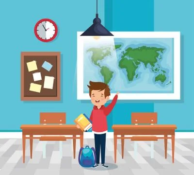 Boy student with book and backpack in the classroom Stock Illustration