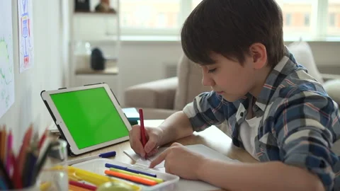 Boy student e-leaning, write homework in notebook at home Spbd. Child with green Stock Footage 163817953