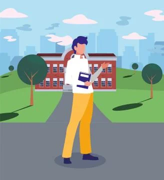 Boy student in front of school building vector design Ilustración de archivo