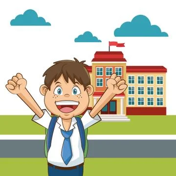 Boy student happy funny yard building school Ilustración de archivo