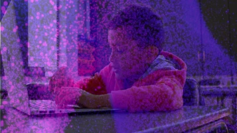 Boy student leaning forward and typing on laptop, purple overlay partly Stock Footage 330144195