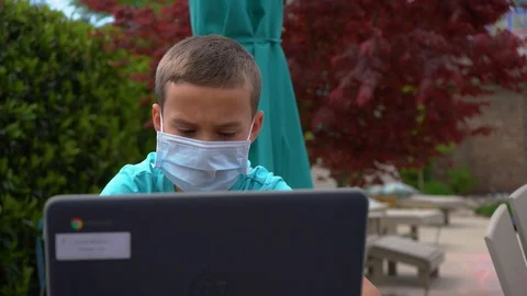 Boy student with mask virtual learning coronavirus Stock Footage 128133019