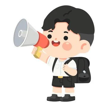 Boy student with megaphone and backpack speaking out Stock Illustration