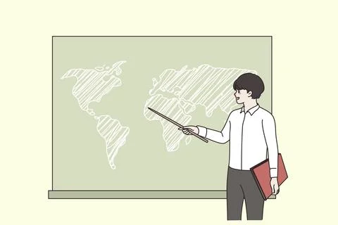 Boy student with pointer answer at board on geography class show on map. Pupil Stock Illustration