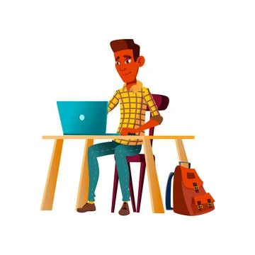 Boy student preparing for test on laptop cartoon vector Illustrazione stock