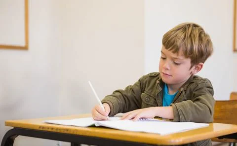 Boy student wearing olive jacket writing in open workbook at school desk, Stock Photos