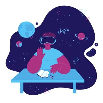 Boy studies astronomy in virtual reality glasses Stock Illustration
