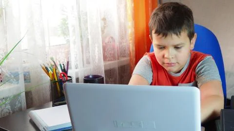 Boy studies at home at the computer. remote education, school child learns le 스톡 사진