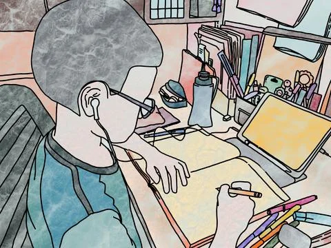 Boy study video conferencing with iPad at home. Learning at home Stock Illustration