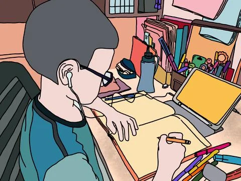 Boy study video conferencing with iPad at home. Learning at home Stock Illustration