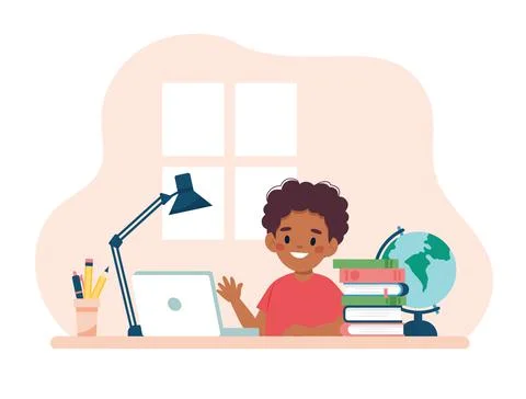Boy studying with computer and books. Vector illustration concept in cartoon Stock Illustration