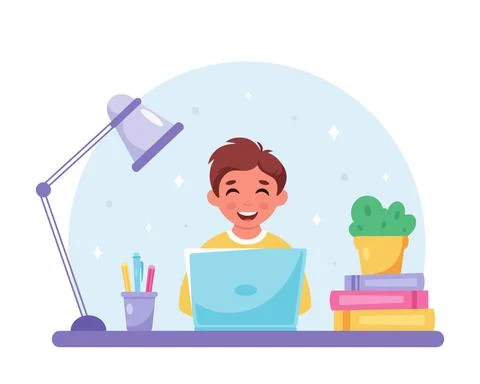 Boy studying with computer. Online learning, back to school concept. Stock Illustration