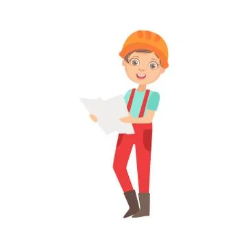 Boy Studying A Construction Plan, Kid Dressed As Builder On The  Site Future イラスト素材