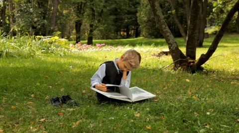 Boy studying encyclopedia Outdoors Stock-Footage 55314243