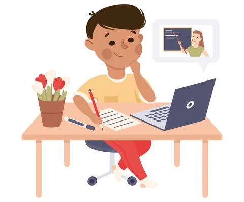 Boy Studying from home via Teleconference Using Computer, Homeschooling Illustrazione stock