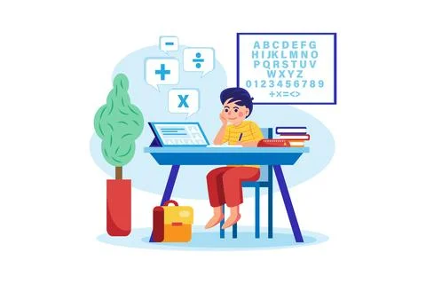 Boy studying online using tablet Stock Illustration