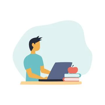 Boy studying or working on laptop Stock Illustration