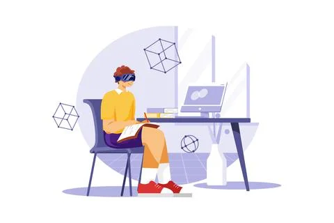 Boy studying using VR tech Stock Illustration