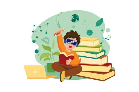 Boy studying using VR tech Stock Illustration