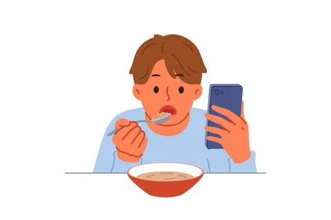Boy suffering from digital addiction eats and watches video on mobile phone at Stock Illustration