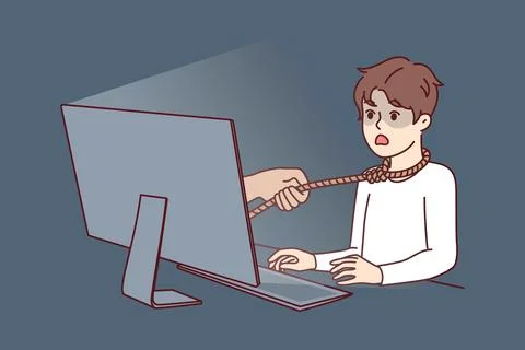 Boy suffering from internet addiction sits at table with computer with rope Stock Illustration