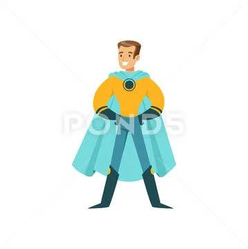 Boy superhero in classic comics costume standing proud Stock Illustration