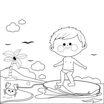 Boy surfing on a wave in the sea. Vector black and white coloring page Stock Illustration