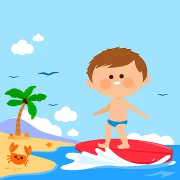 Boy surfing on a wave in the sea. Vector illustration Stock Illustration