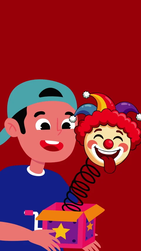 Boy Surprised by Funny Clown Spring Toy from Prank Box for April Fools Day Video stock 330568091