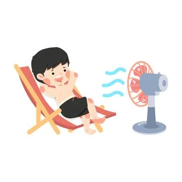Boy is sweating in hot weather while using a fan Stock Illustration