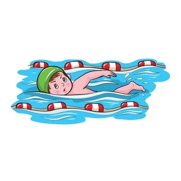 Boy swimming in pool in green cap Stock Illustration
