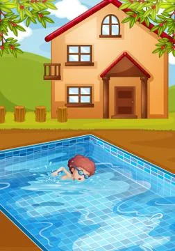A boy swimming at the pool in his backyard 스톡 일러스트