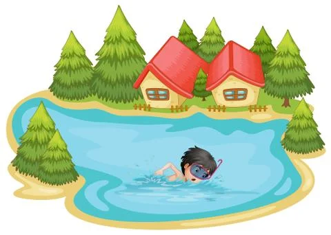 A boy swimming in the pool surrounded with pine trees Stock Illustration