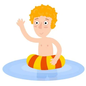 Boy with swimming ring. Element of summer vacation, sea and beach. Illustrazione stock