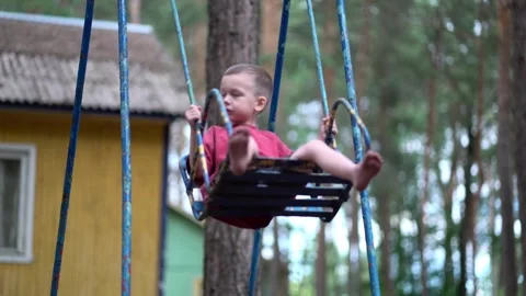 Boy on swing in forest playground looks at camera. Stock-Footage 342179320