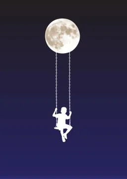 Boy on a swing at moonlight Stock Illustration