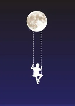 Boy on a swing at moonlight Stock-Fotos