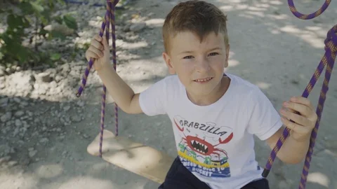 Boy swinging on a rope swing Stock Footage 94346977