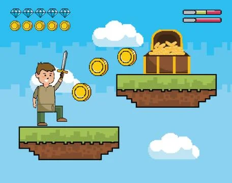 Boy with sword and coins inside of coffer with life bars Stock Illustration
