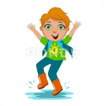 Boy In T-Shirt And Rubber Boots, Kid In Autumn Clothes In Fall Season Enjoyingn Stock Illustration