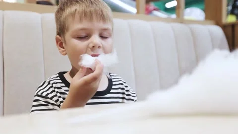 Boy at table eating cotton candy Stock-Footage 220577488