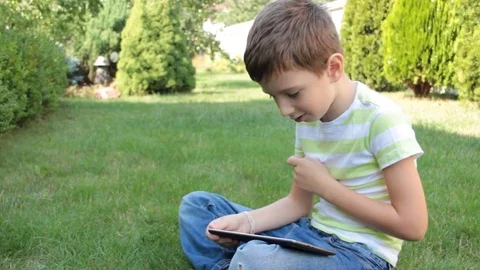 Boy with a tablet on the grass Stock Footage 80446729