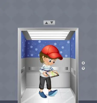 A boy with a tablet inside the elevator Stock Illustration