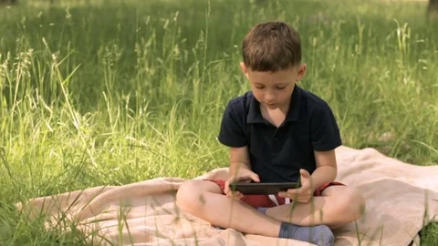 Boy with tablet in park on a meadow Video stock 76132259