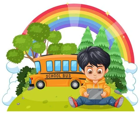 Boy with Tablet Under Rainbow Stock Illustration