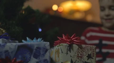 Boy Take New Year Gift under Christmass Tree Vídeos de archivo 57830389
