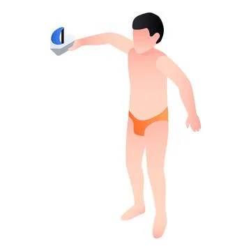 Boy take toy ship in pool icon, isometric style Stock Illustration