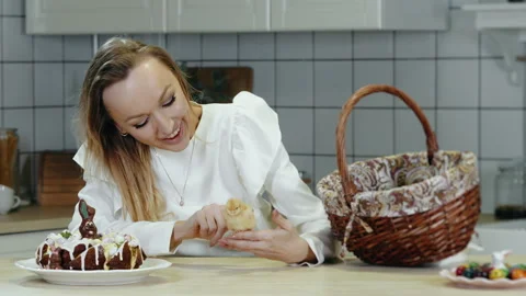 A boy takes an Easter newborn chick out of a basket. Video stock 303622332
