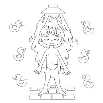 Boy takes a shower contour vector drawing. Stock Illustration